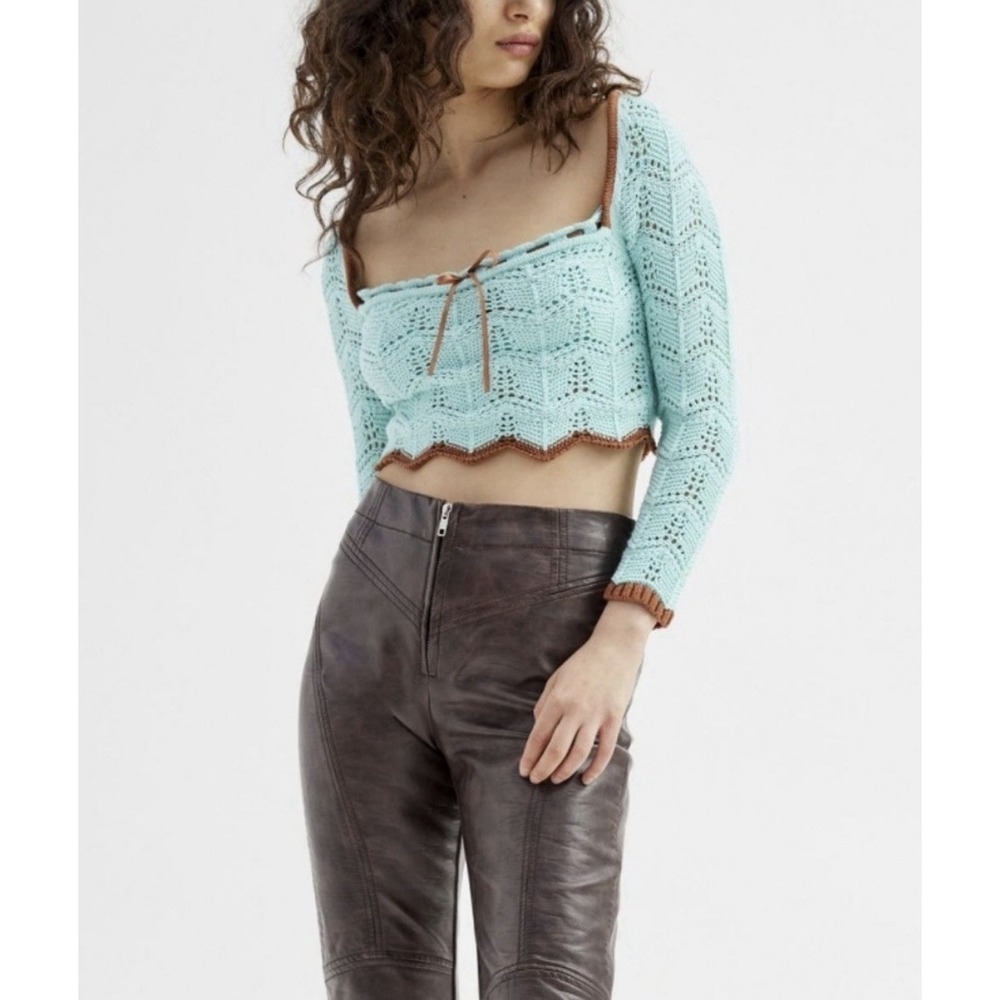 Urban Outfitters Blue Crochet Crop Top Bow Brown Trim Boho Hippie Small New $68